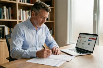 Un homme d'âge mûr examine un contrat d'assurance emprunteur à son bureau, illustrant la loi Lagarde et le libre choix de l'assurance de prêt immobilier
