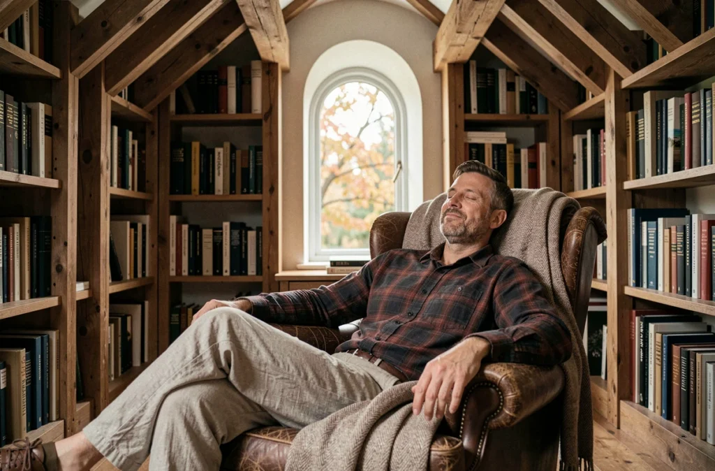 Homme détendu dans un coin lecture cosy avec bibliothèque, plaid et décoration naturelle en automne