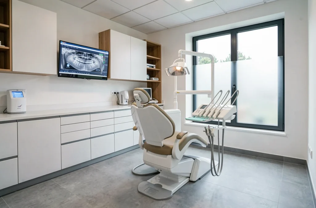 Salle de soins moderne du cabinet Orcagna Dentaire à Charleville-Mézières avec équipements dentaires contemporains