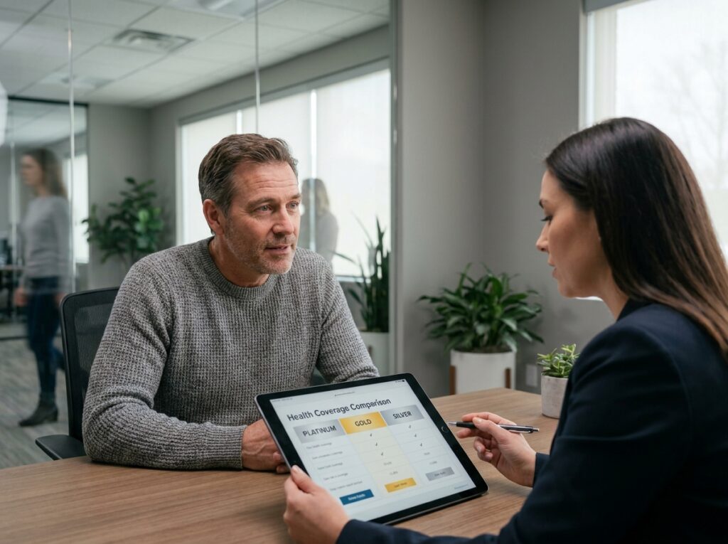 Homme en rendez-vous avec un conseiller pour obtenir un devis mutuelle santé personnalisé