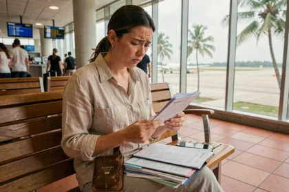 Voyageuse inquiète qui consulte ses documents d'assurance voyage dans un aéroport avant un départ pour Zanzibar