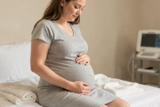 Femme enceinte au troisième trimestre assise sur un lit d'hôpital, mains posées sur le ventre, dans une salle de maternité moderne